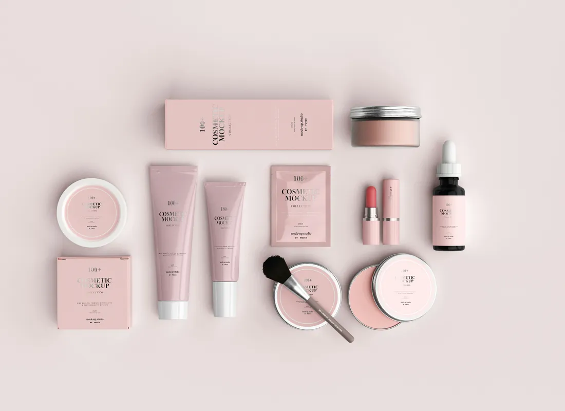 Skincare products in pink packaging